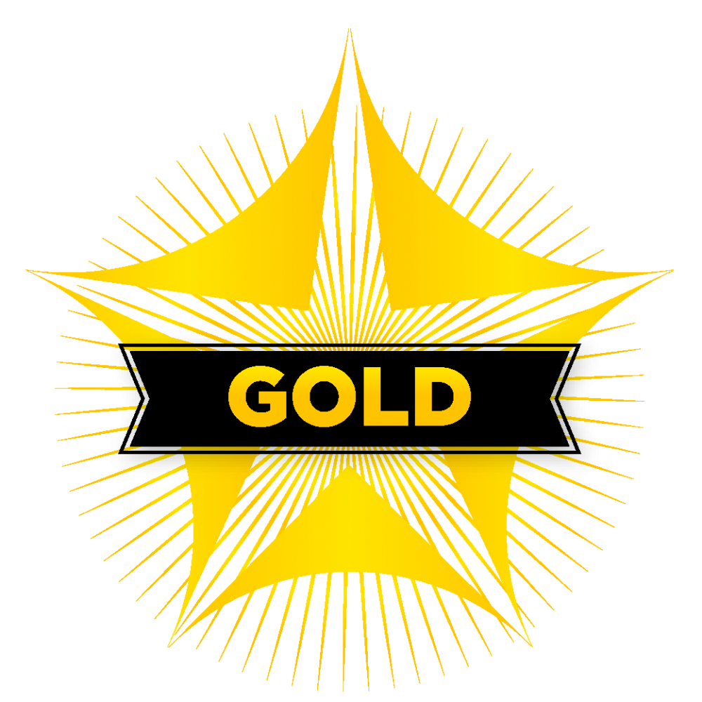 Graphic featuring the colour and design of the Gold SRAG Charter Mark, which is yellow gold, five pointed, star like shape with the title GOLD in capital letters in the centre.